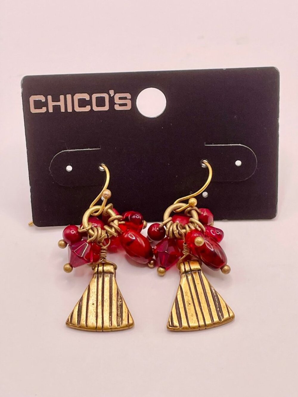 Chico's New Gold-Tone Dangle Earrings Red Beads & Textured Charms -109B